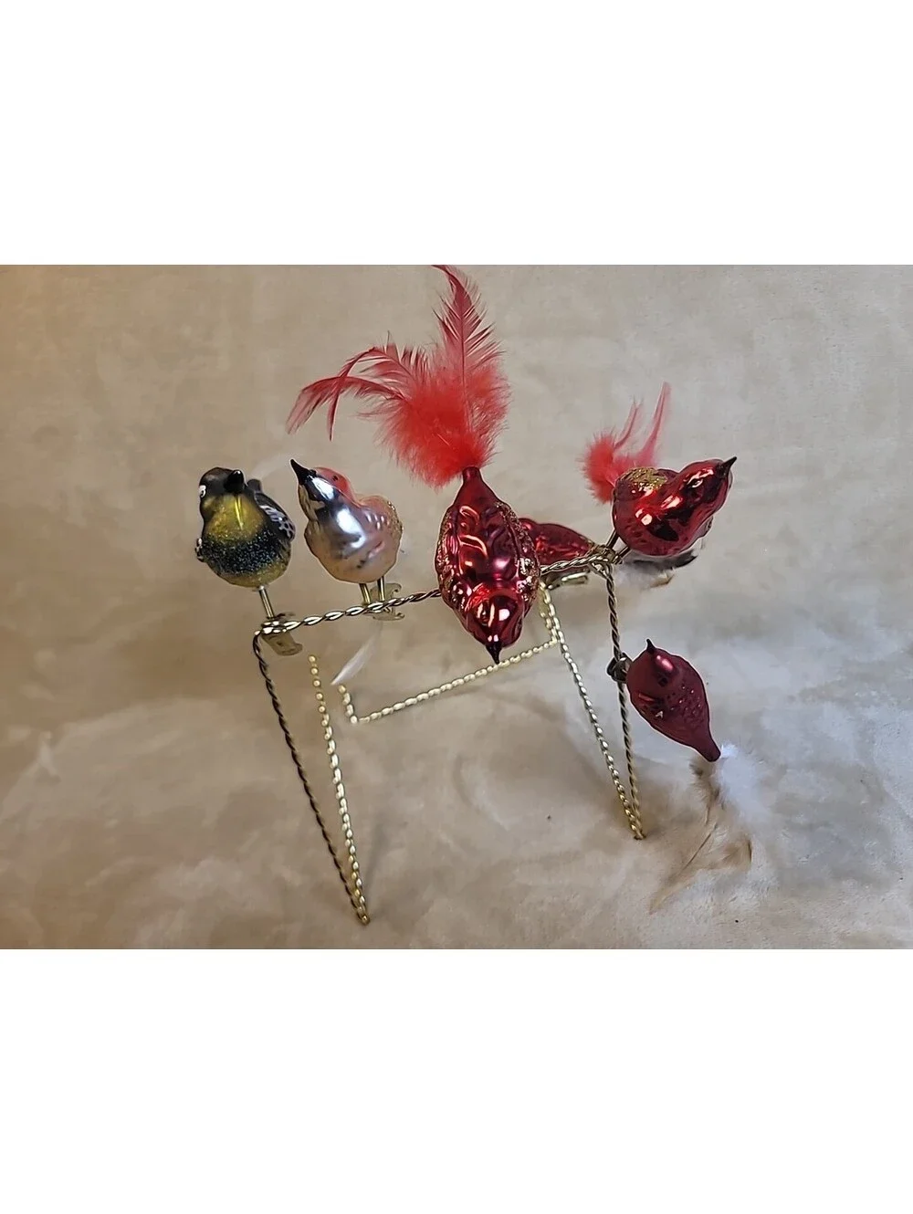 5 Vintage Mercury Glass Clip on Bird Christmas Ornaments Feathers & Spun Tails
